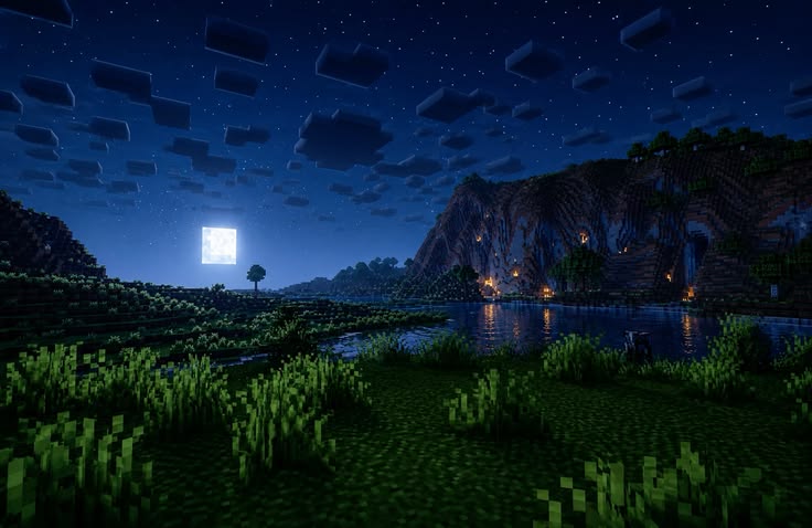 Moonlit mountain valley and lake in Minecraft