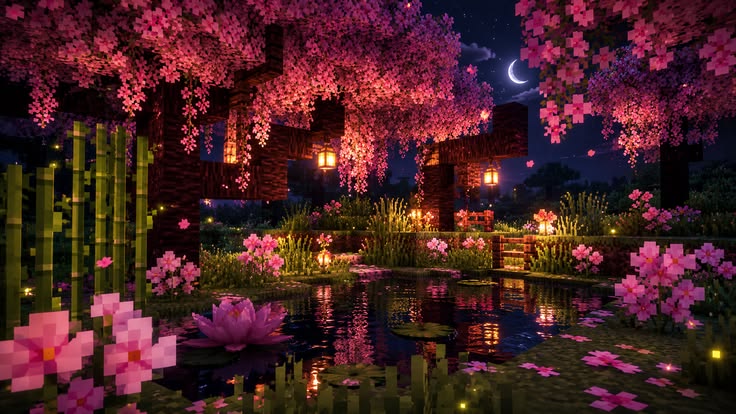 Cherry blossom garden lit by lanterns beside water